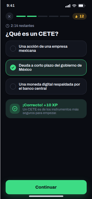 Lección diaria tipo trivia sobre qué es un CETE, con racha de 12 días visible