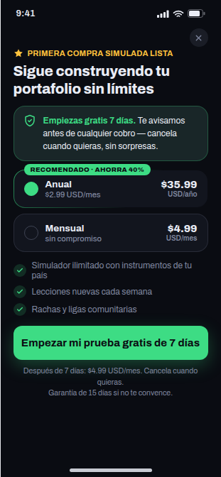 Paywall después de tu primera compra simulada, con el plan anual recomendado a $3.00 USD/mes