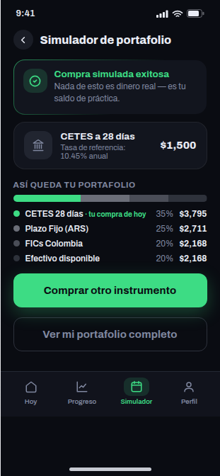 Simulador de portafolio: compra simulada de CETES a 28 días y desglose del portafolio